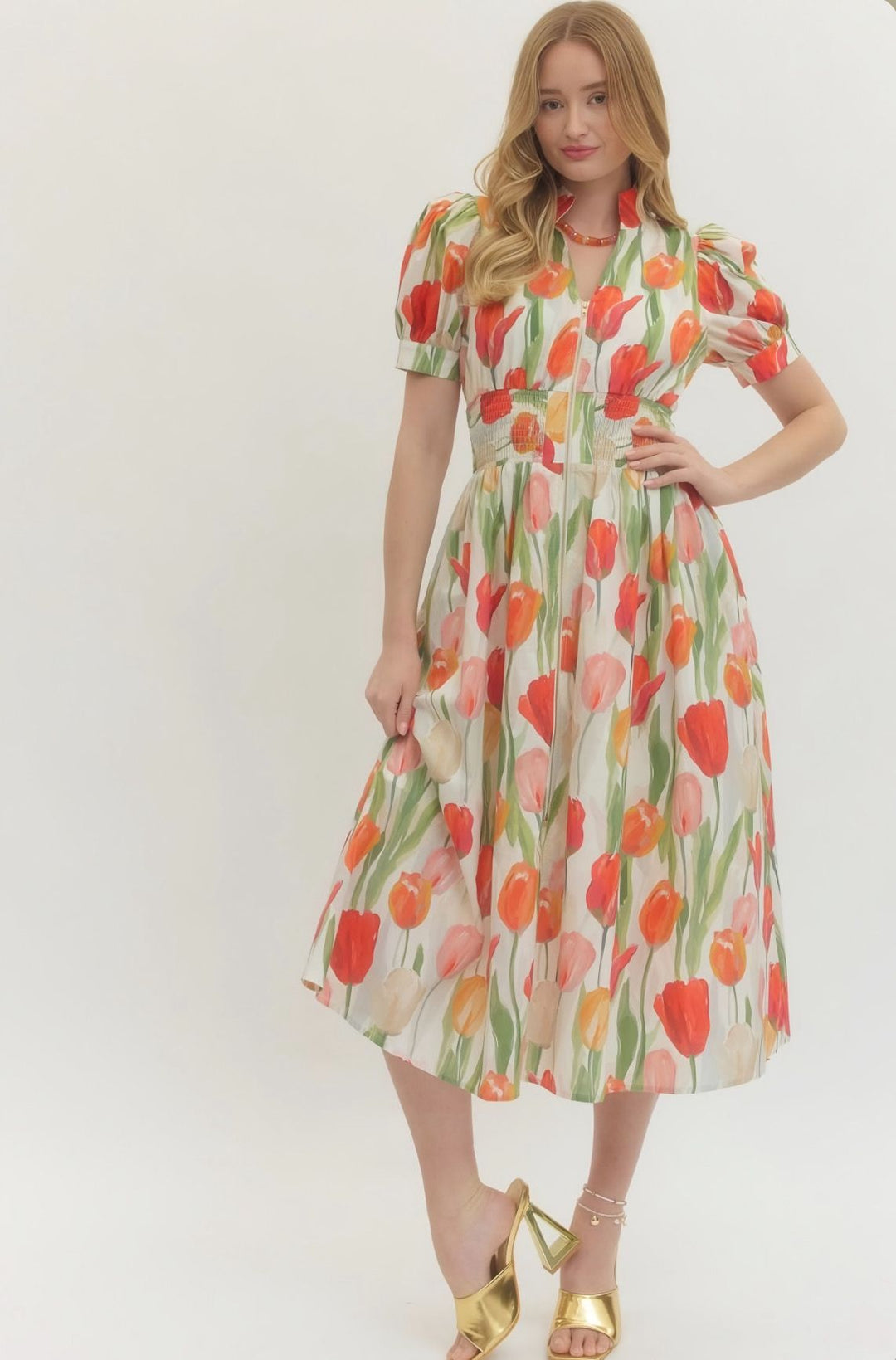 Tulip Print Zipper Midi Dress