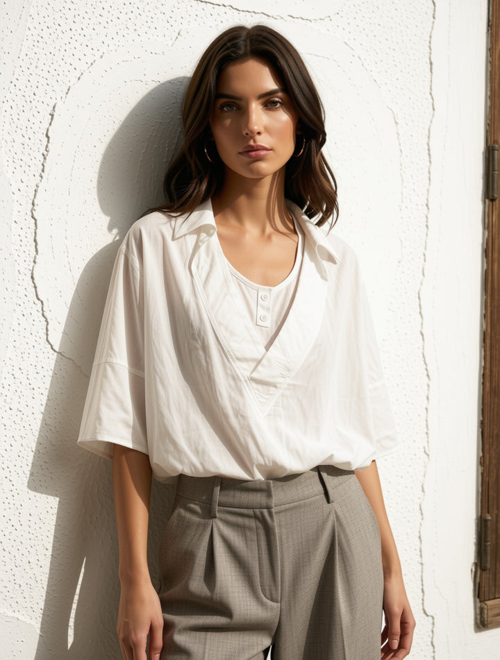 A woman wearing a white short-sleeve button-front blouse and taupe pleated trousers, standing against a textured white wall in bright natural light.