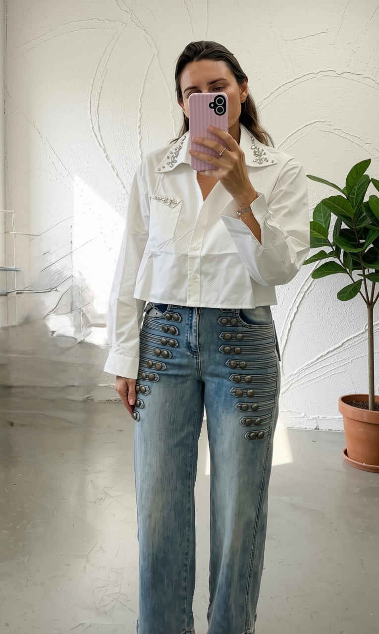 White Button Down Beaded Top