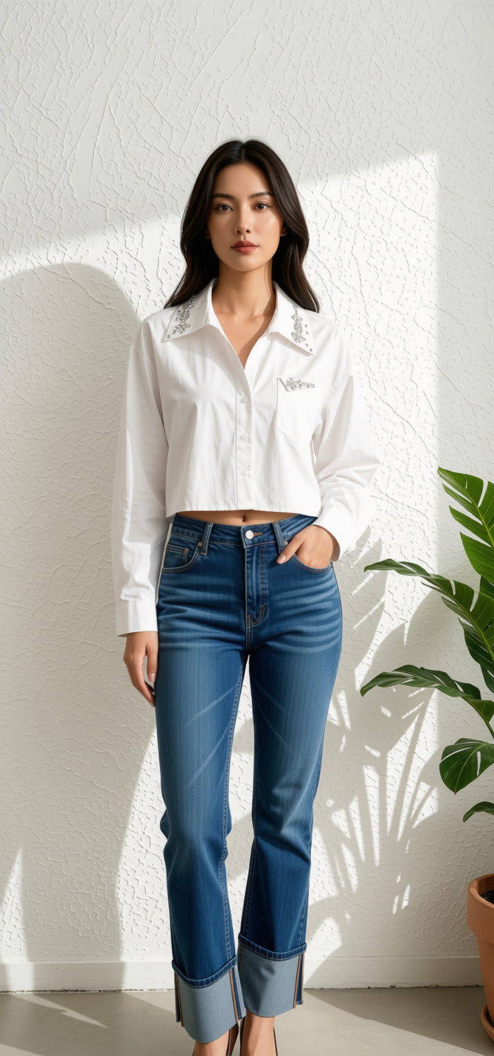 White Button Down Beaded Top