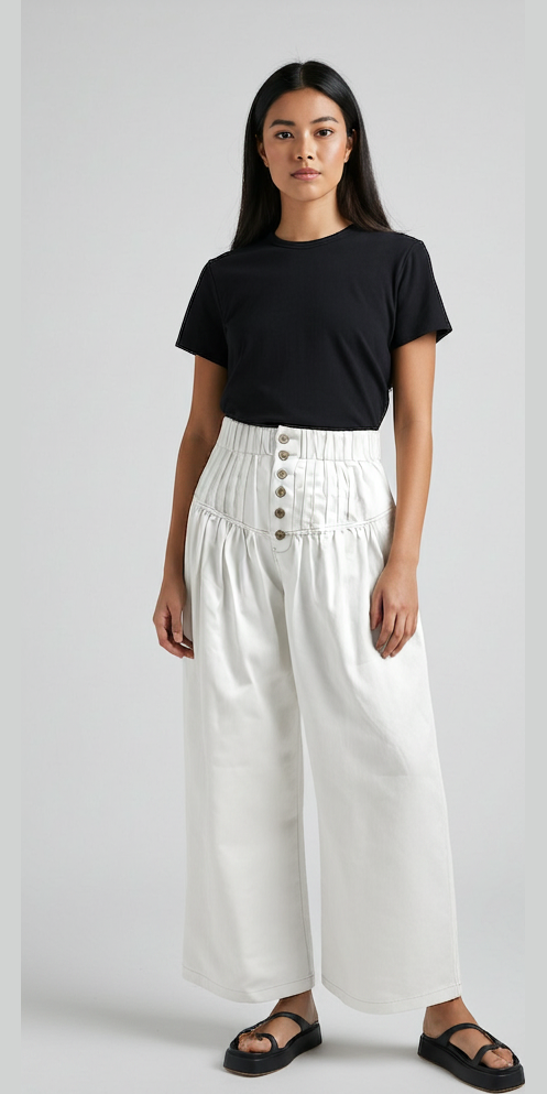 Woman wearing white button wide leg jeans with a black top on a white background