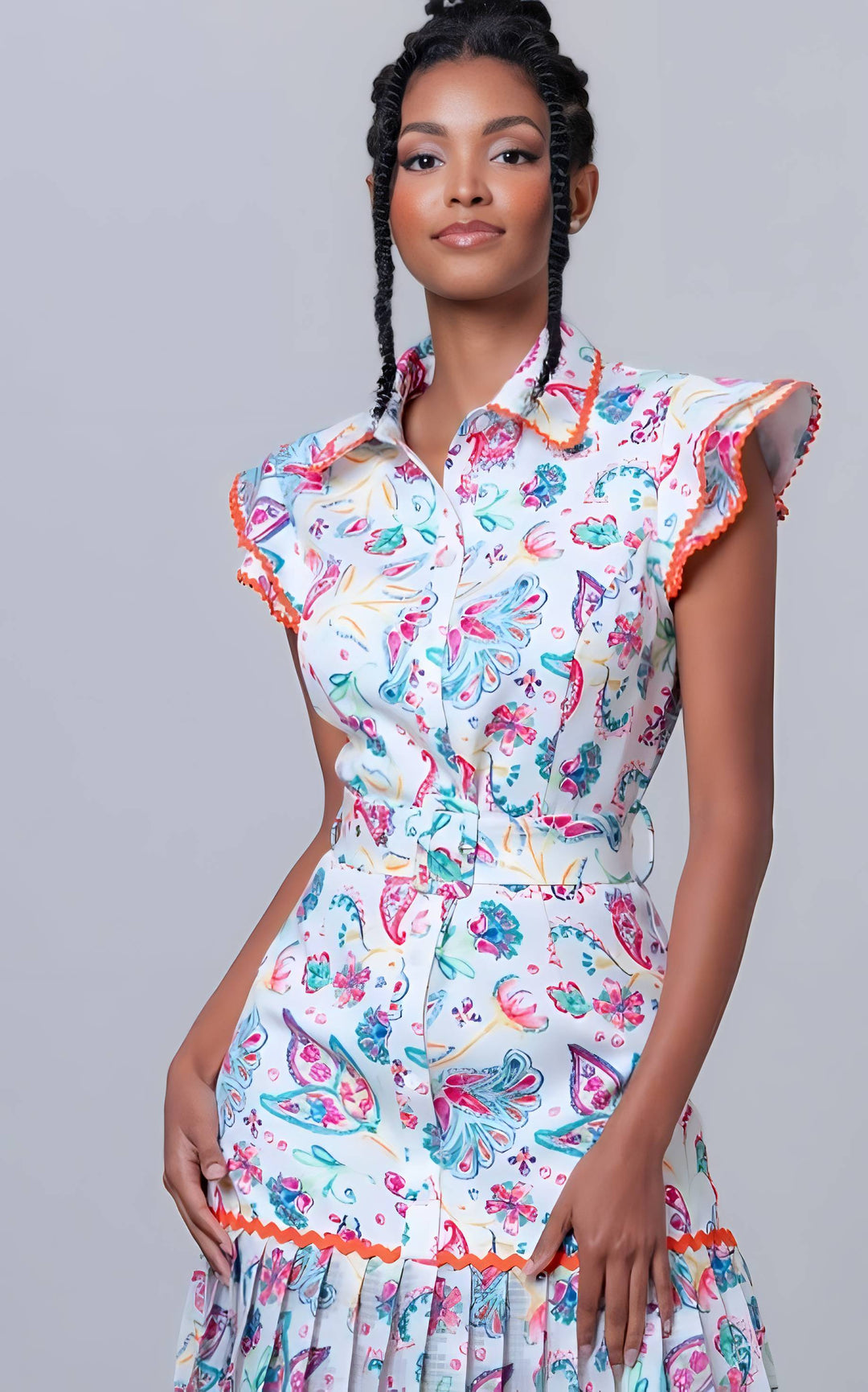 Woman wearing a colorful patterned dress against a gray background