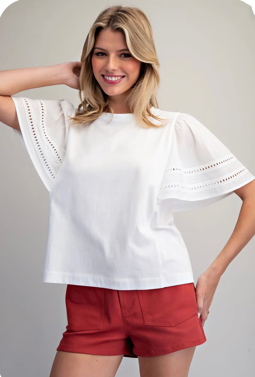 White flutter sleeve cotton top for women, stylish everyday blouse with airy short sleeves