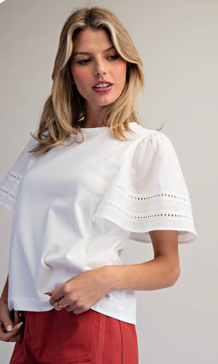 White flutter sleeve cotton top for women, stylish everyday blouse with airy short sleeves