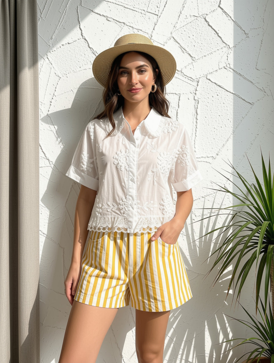A woman stands against a textured white wall wearing a beige straw hat, a white short-sleeve embroidered blouse, and yellow-and-white vertically striped shorts. A potted plant is visible at the right edge.