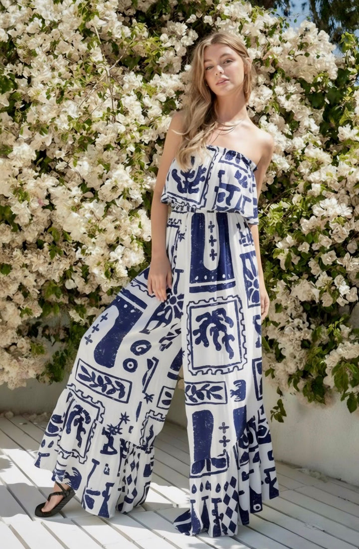 White/Navy Strapless Jumpsuit