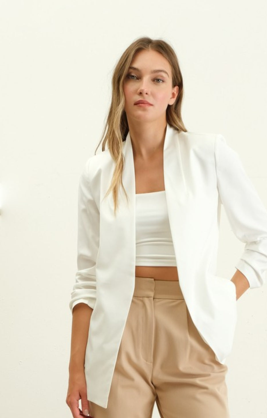 White Ruched Sleeve Blazer 