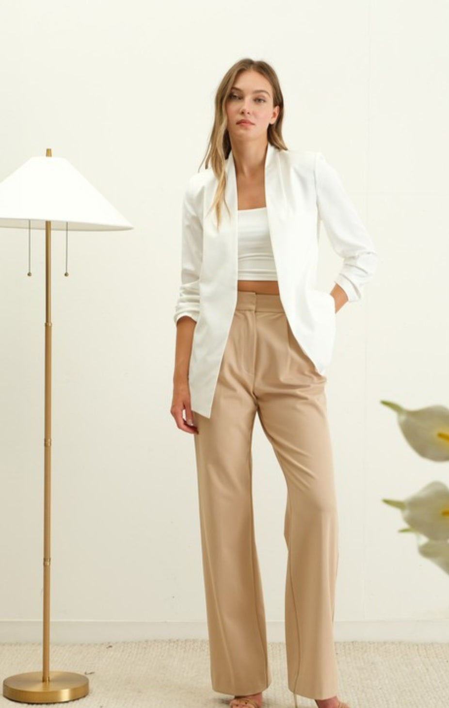 White Ruched Sleeve Blazer 