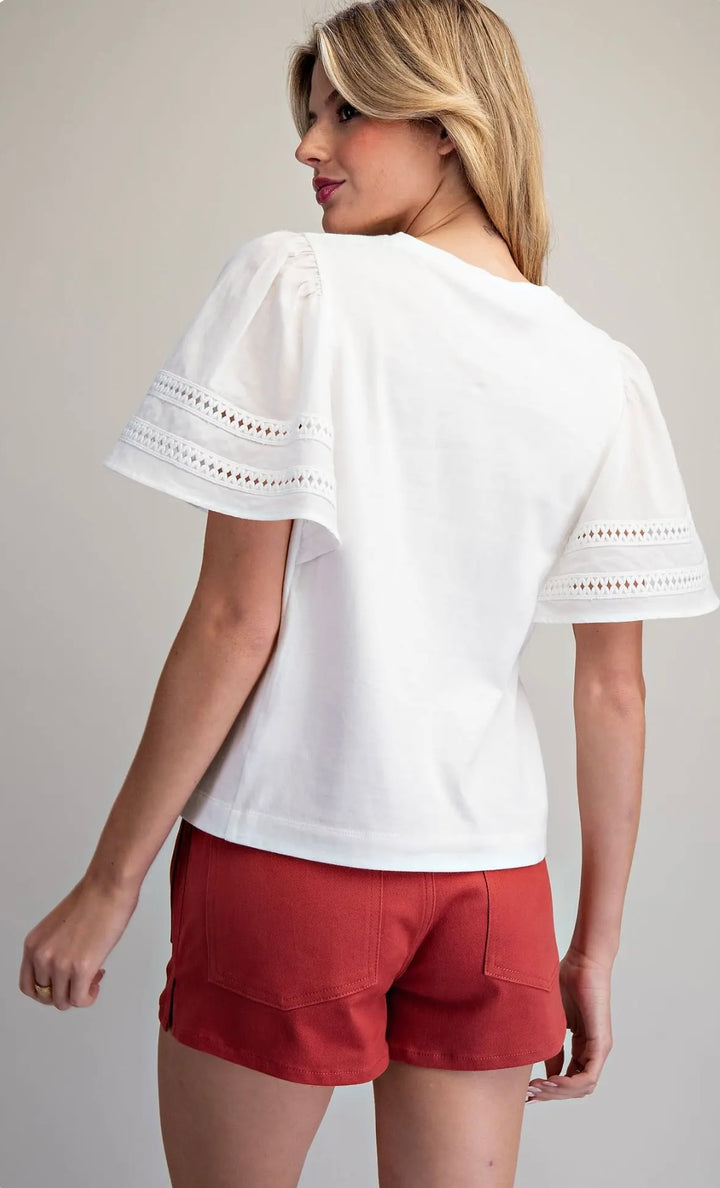 White flutter sleeve cotton top for women, stylish everyday blouse with airy short sleeves