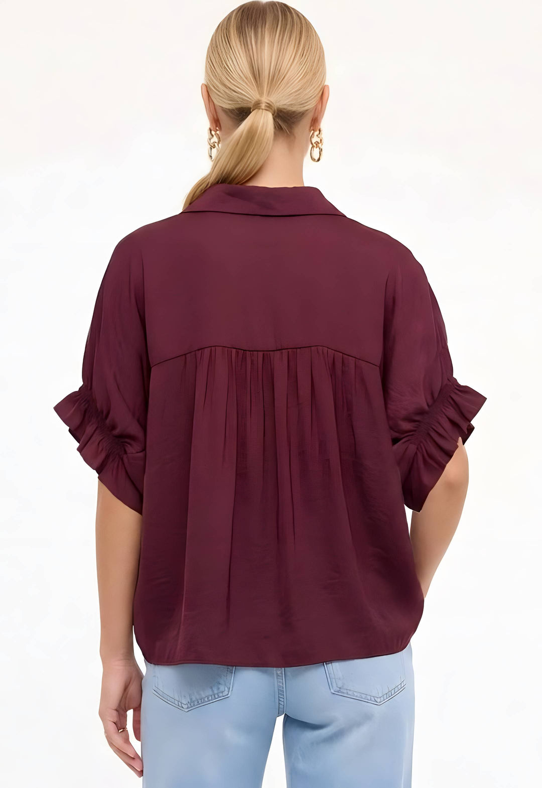 Wine Ruffle Sleeve Button Top