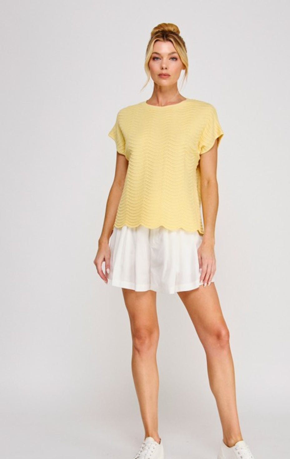 Yellow patterned knit top, soft lightweight sweater for women, cute spring fashion