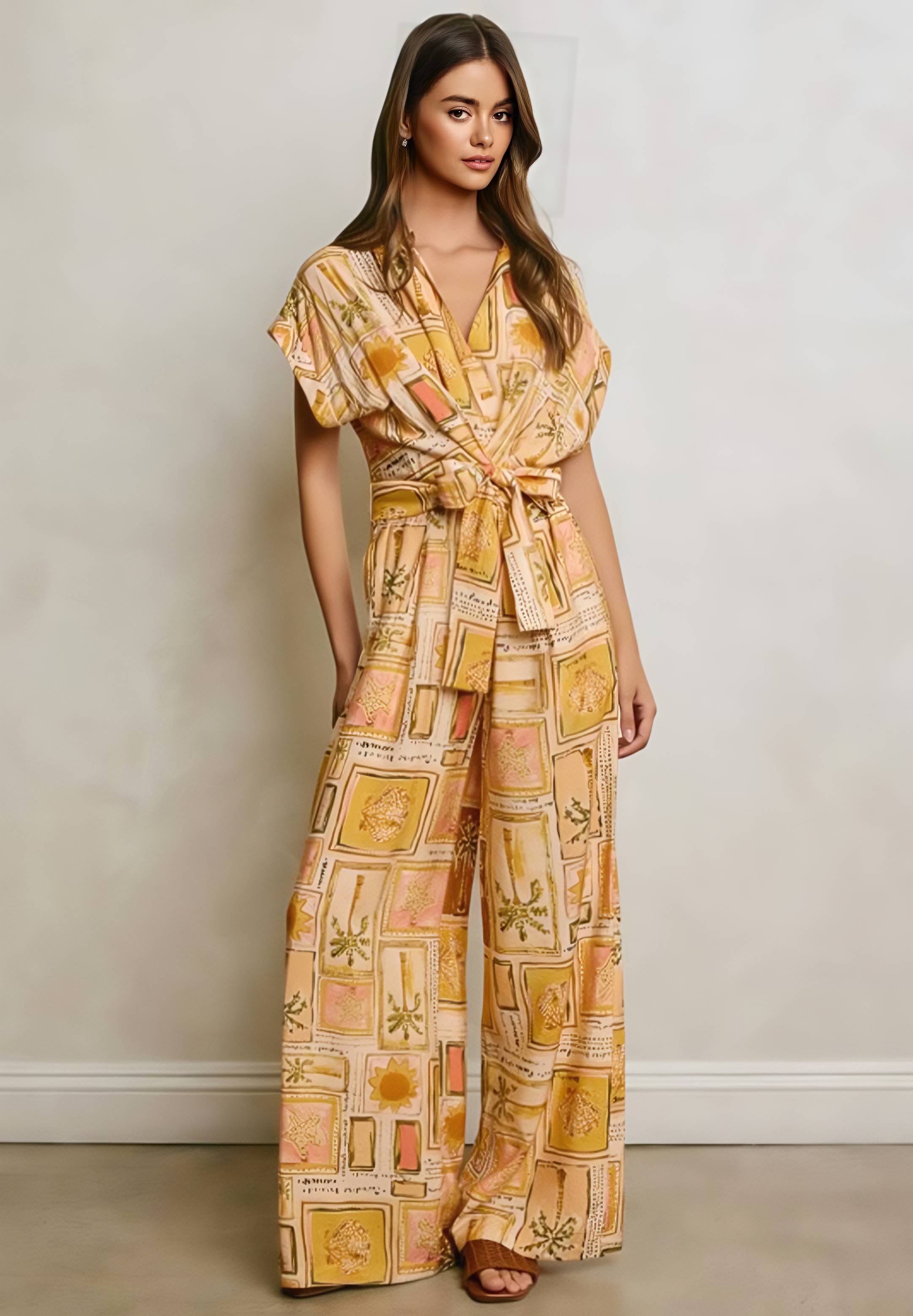 Woman wearing a patterned jumpsuit against a plain background