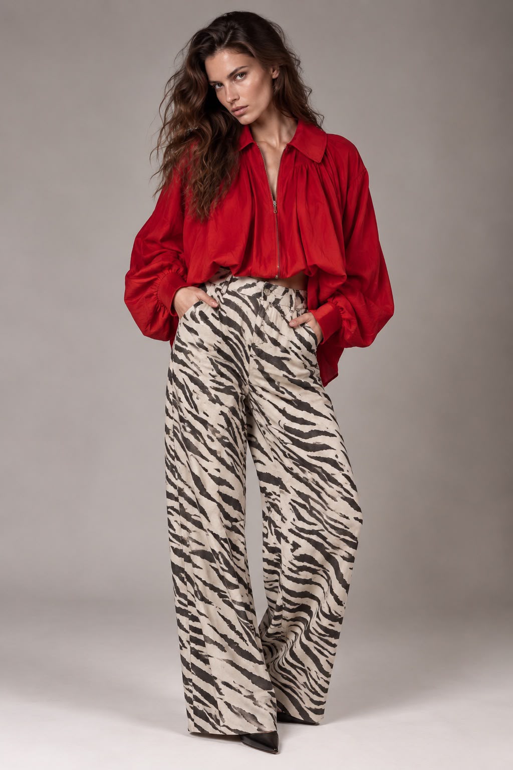A woman modeling a red long-sleeve blouse and wide-leg trousers with a black and beige zebra print, standing against a neutral gray studio background.
