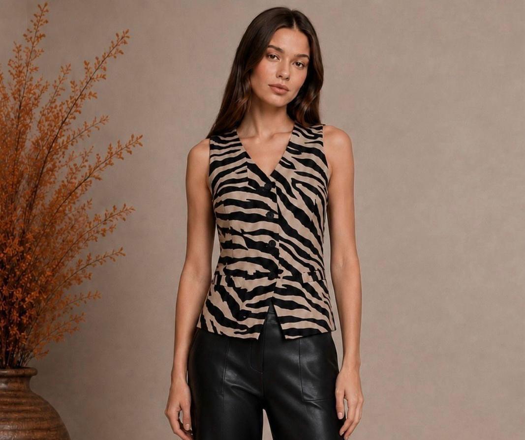 A woman modeling a sleeveless vest-style top with a black and beige zebra print, paired with black faux-leather pants, set against a neutral beige background with dried orange foliage on the left.