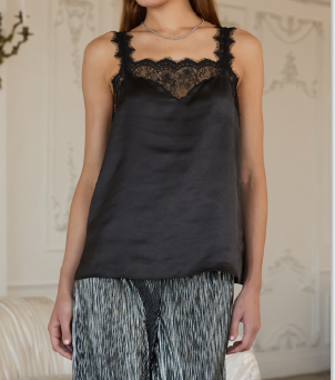 Black lace trim satin cami top for women – elegant silky camisole perfect for layering, date nights, or evening wear