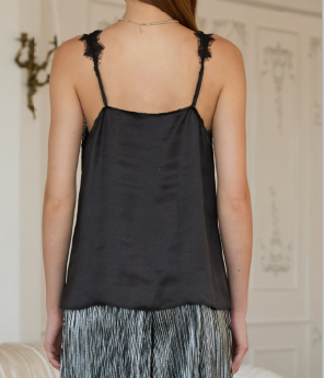 Black lace trim satin cami top for women – elegant silky camisole perfect for layering, date nights, or evening wear