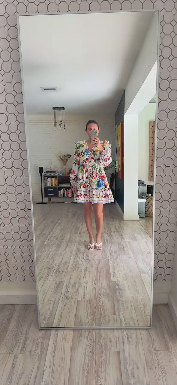 White Floral Print Button Dress