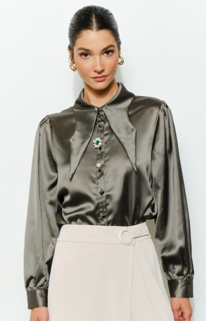 Olive Heart Button Top