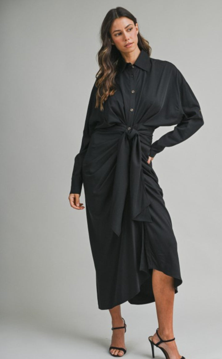 Black Button Front Tie Dress