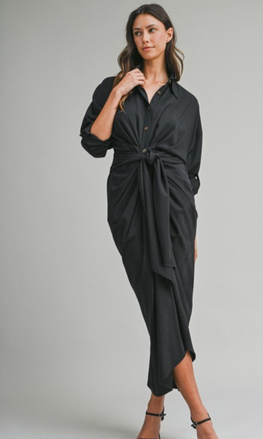 Black Button Front Tie Dress