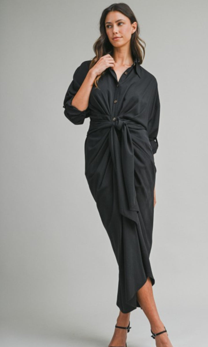 Black Button Front Tie Dress