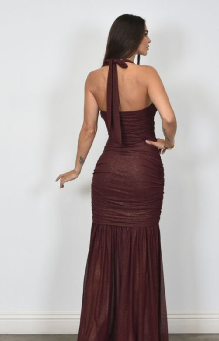 Black Gold Metallic Ruched Mesh Dress