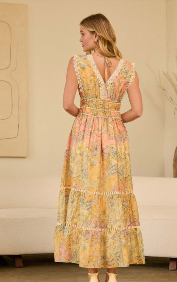 Yellow Paisley Lace Trim Dress