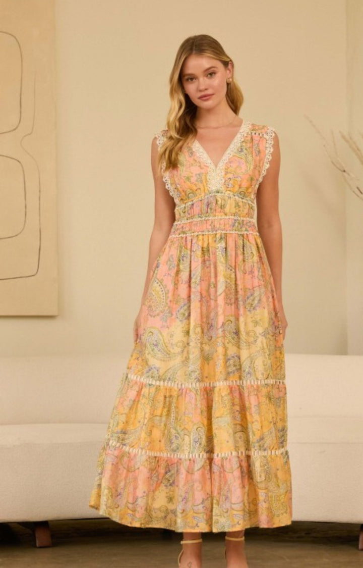 Yellow Paisley Lace Trim Dress